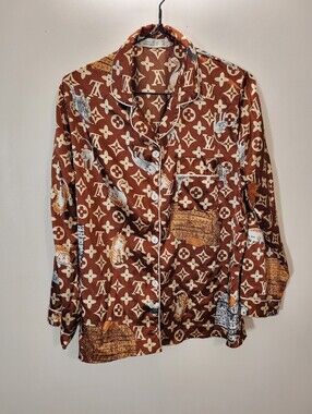 Vogue Homewear Cute Cat Print 2 Piece Set Pyjamas In A Satiny Brown - Size S